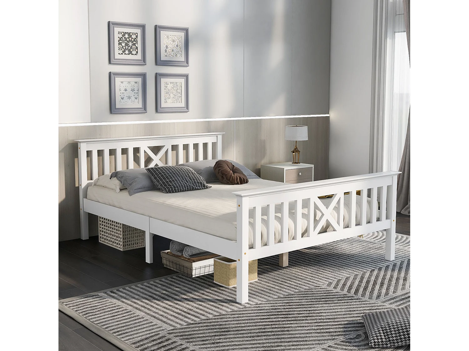 Volwassen bed 140 x 200 cm – met hoofdbord en lattenbodem – wit hout – matras niet inbegrepen