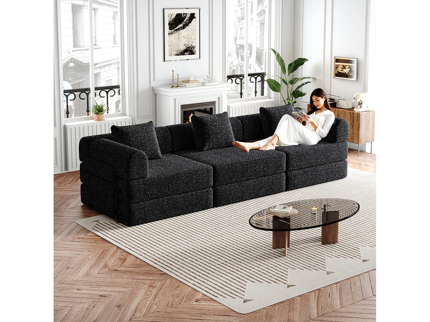 Zwarte 3-zitsbank – Rechte bank met opbergruimte en 3 metalen frames – rups