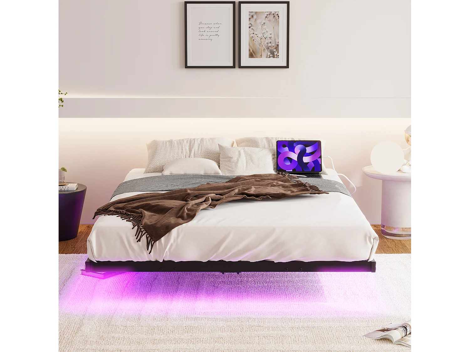 Volwassen bed 120x200cm met LED en laadstation – Zwevend metalen bed – Zonder hoofdeinde – Zwart
