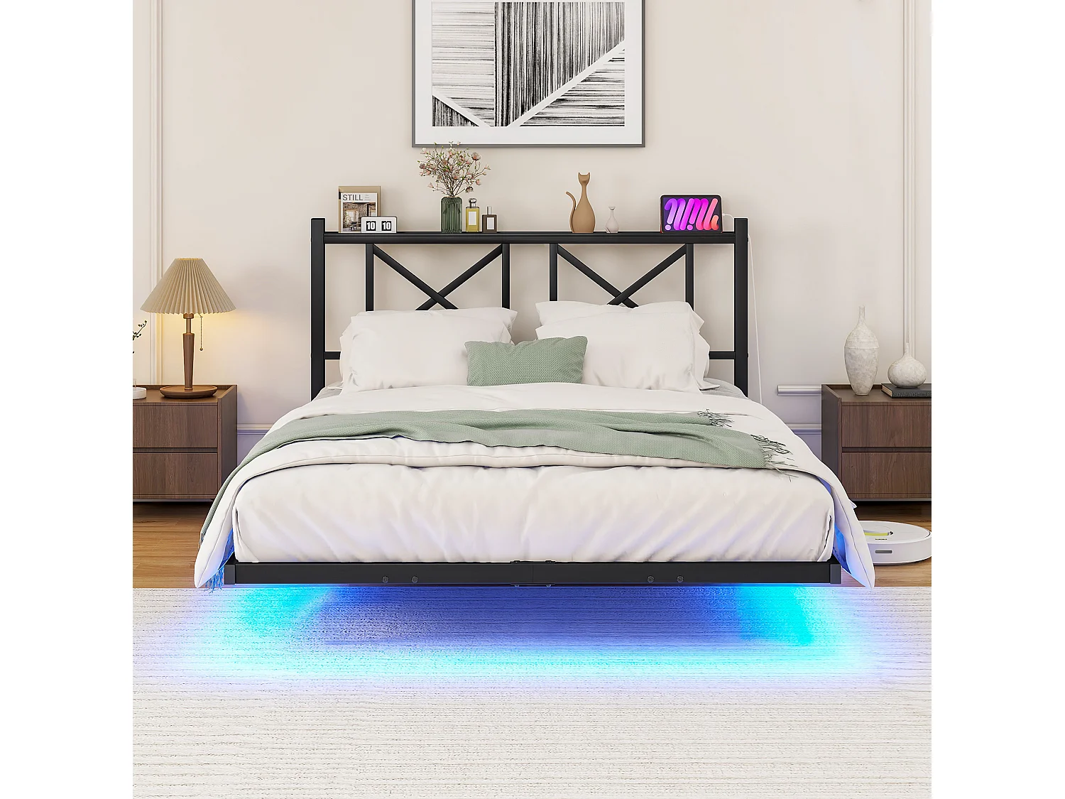 Volwassen bed 120x200cm met LED en laadstation – Zwevend metalen bed – Zwart