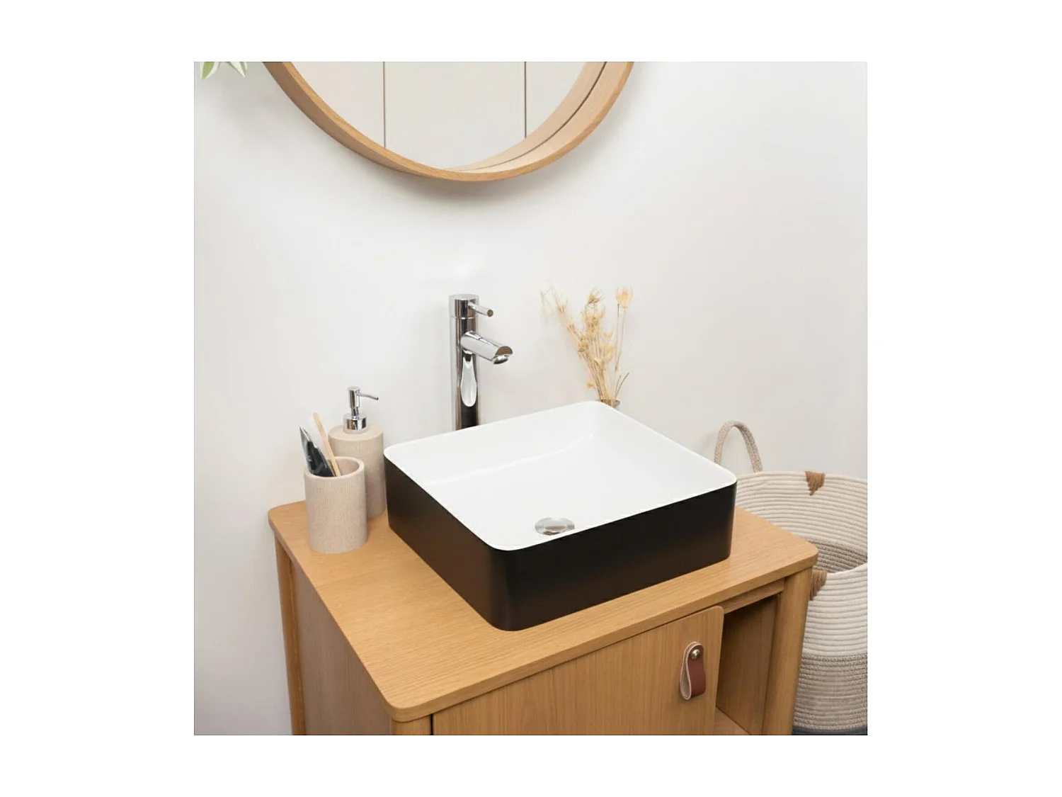 YDRA 36 cm vierkante tweekleurige zwart-witte keramische opzetwastafel