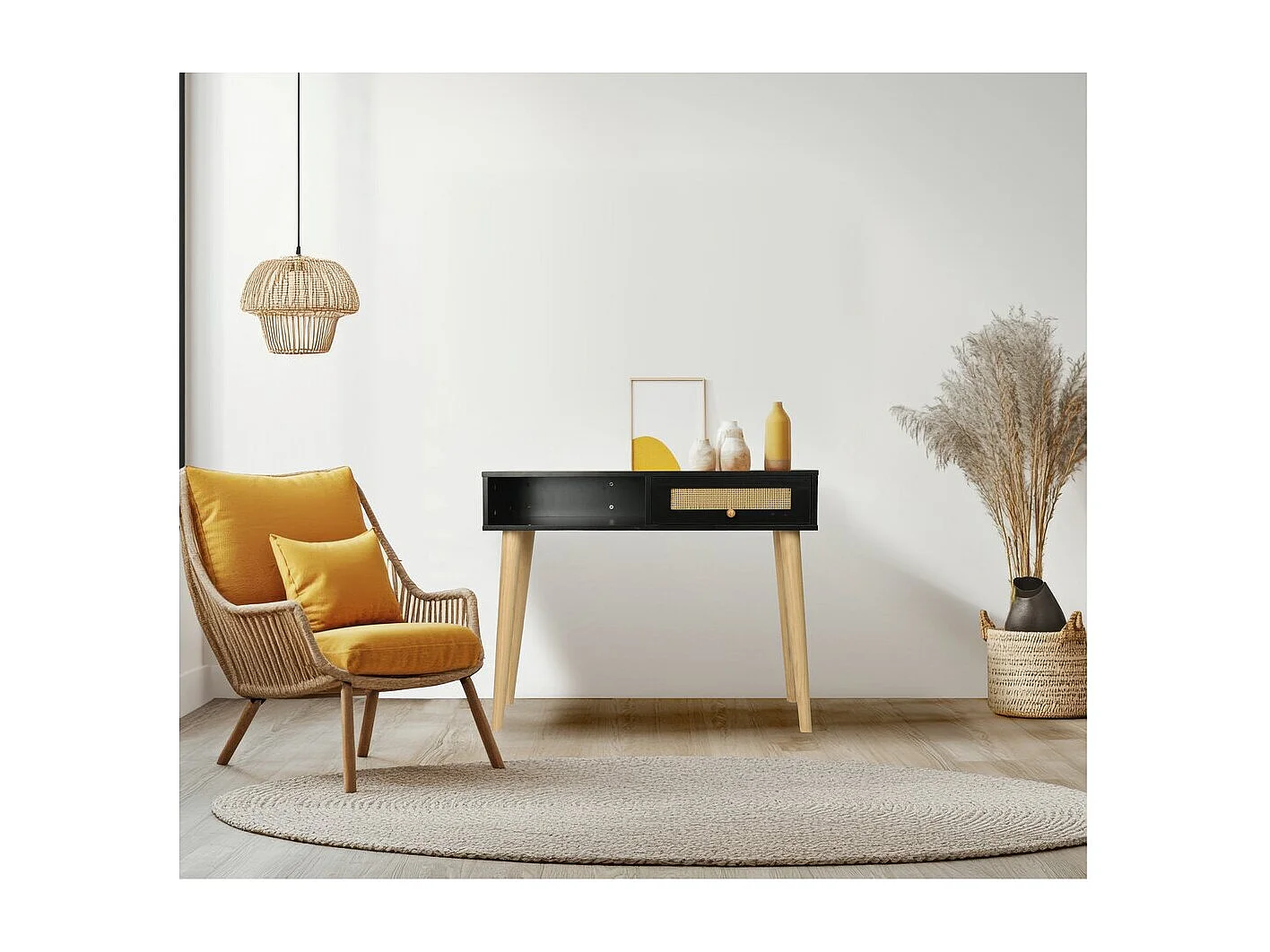 Sidetabel bijzettafel riet "Marine" – 100 x 29 x 81 cm – Zwart