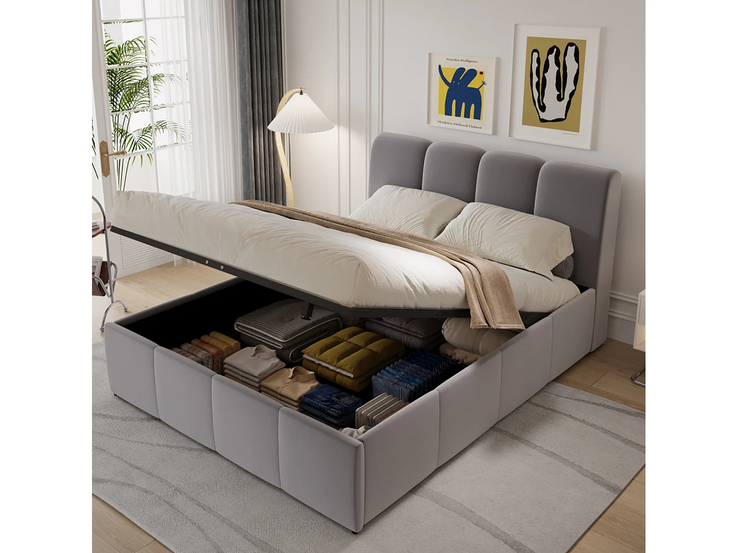Wolken opbergbed 160x200cm grijs fluweel met verborgen opbergruimte
