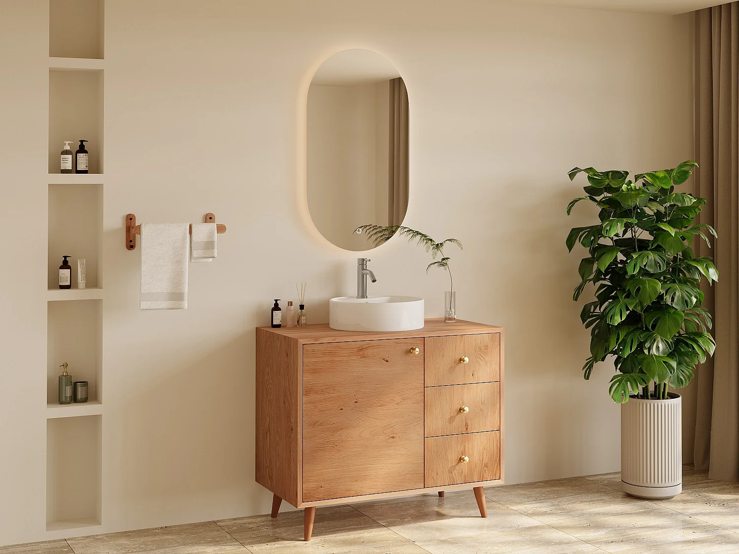 Badmeubel met enkele wastafel van eikenhout – Ronde opbouwwastafel – Licht naturel – 93 cm – ZARENO