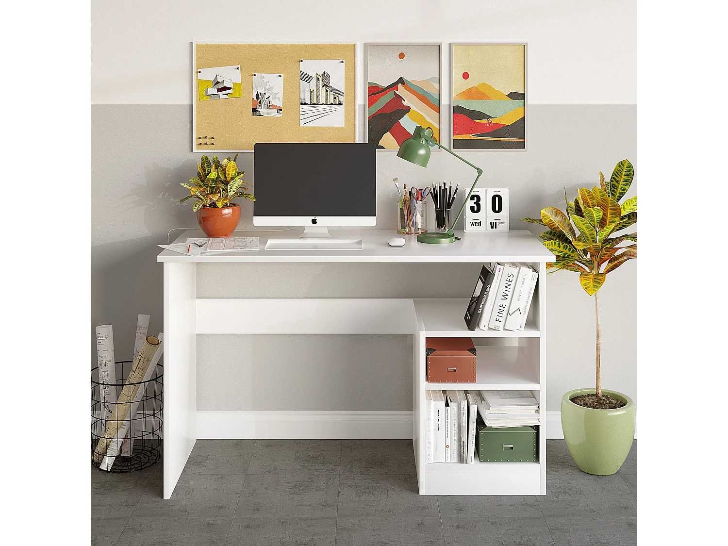 Witte houten bureau "Bahar" 120x50x74 cm met 2 planken, modern design en geïntegreerde opbergruimte