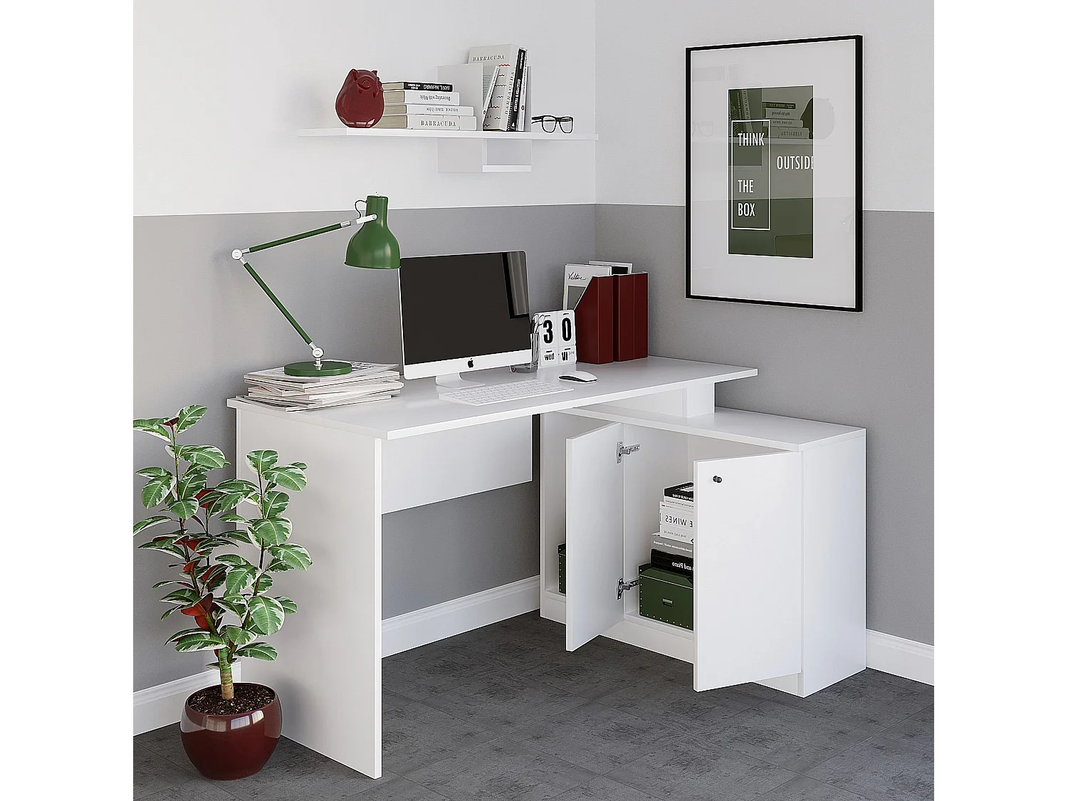 Witte houten bureau "Basak" 130x60x74 cm met 2 deuren en 1 plank, modern design en praktische opbergruimte