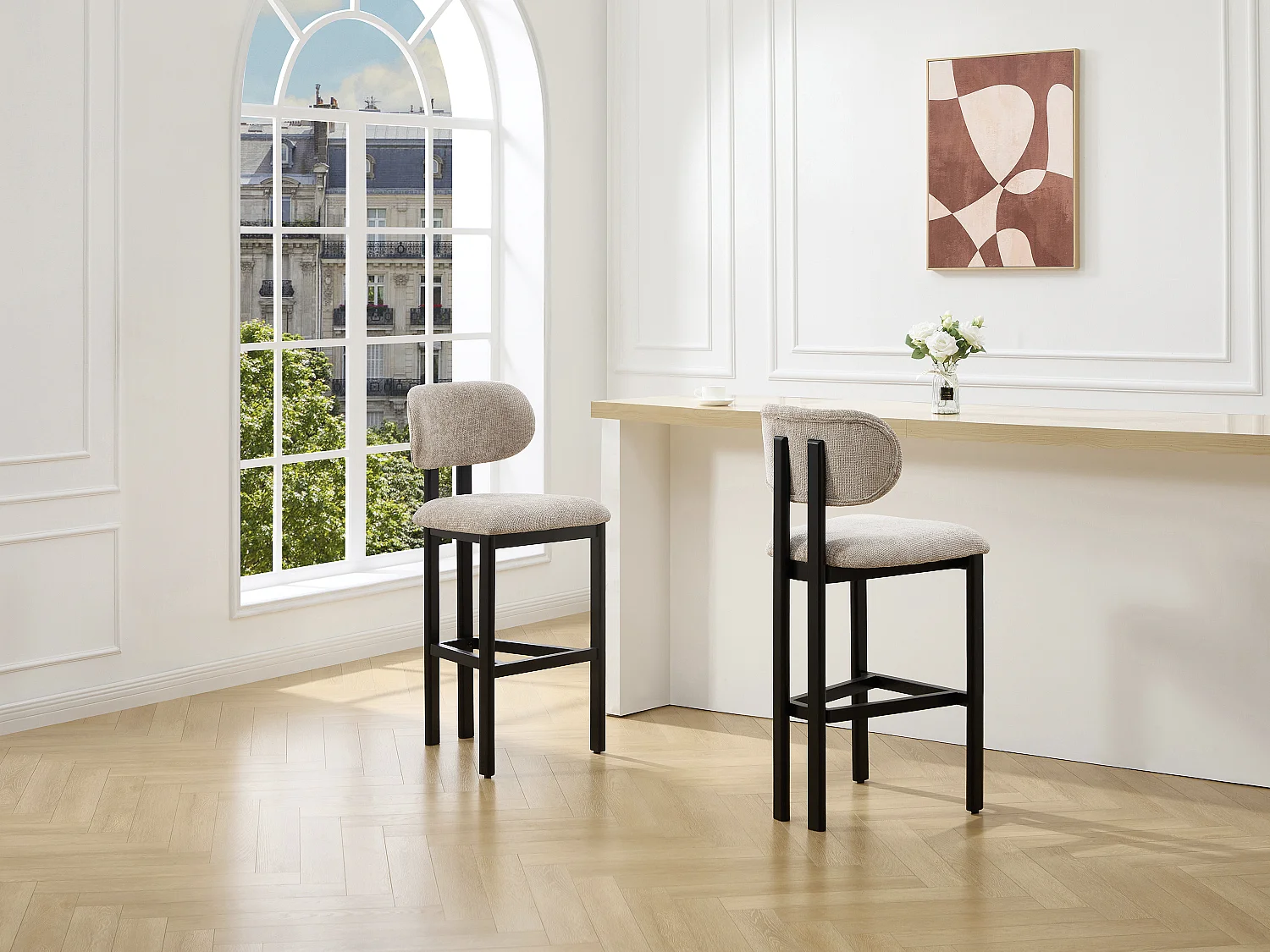 Set van 2 barkrukken in gestructureerde stof en zwart rubberhout – Taupe – YELAZ