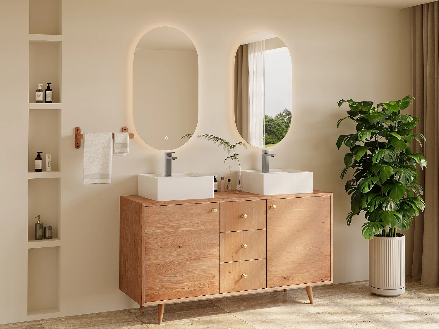 Eiken badmeubel met dubbele wastafel – Vierkante opzetwastafel en kraan – Licht naturel – 145 cm – ZARENO