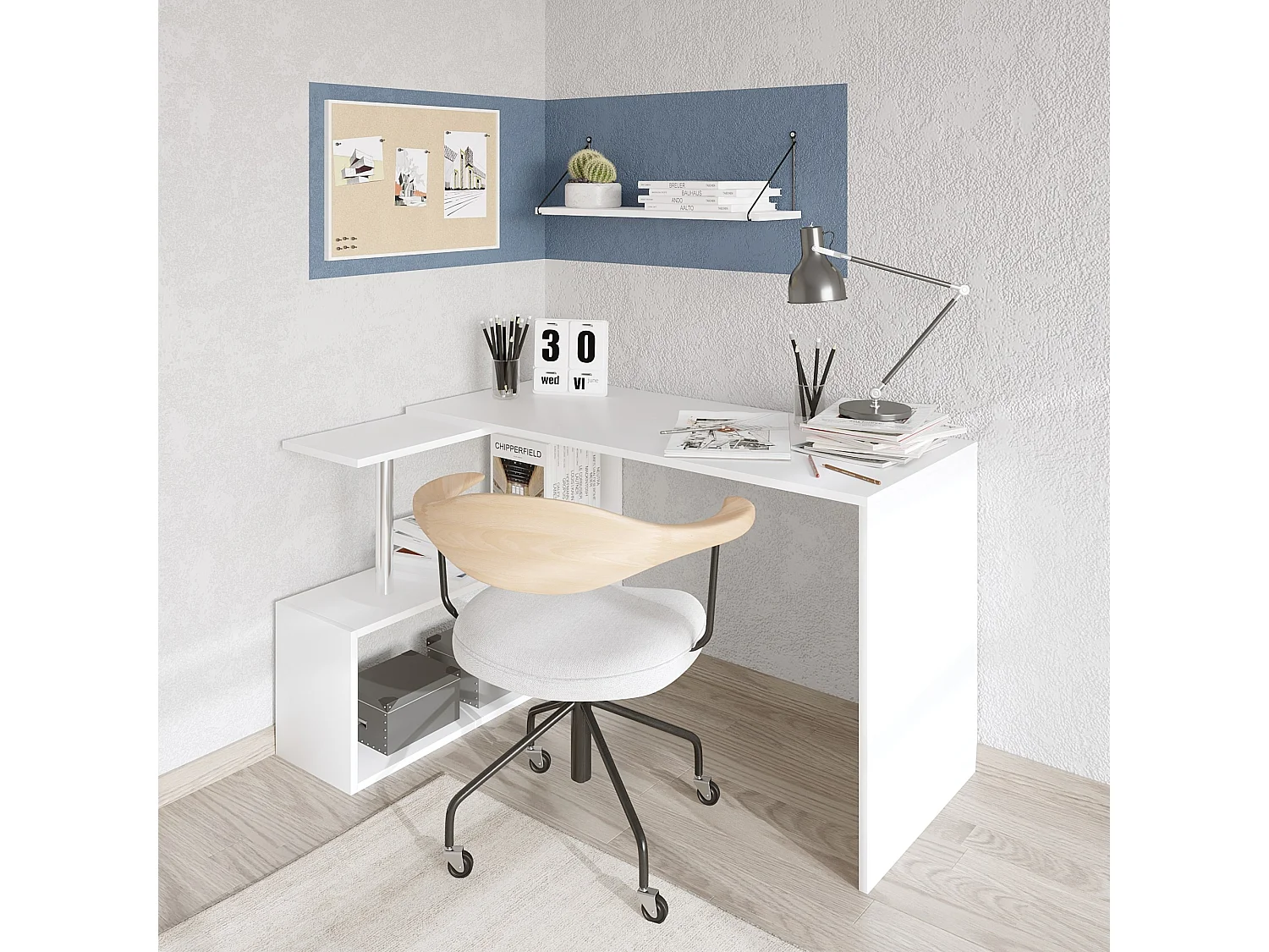 Moderne Studiebureau "Gelincik" – Wit Hout – 130 x 109 x 74 cm – 2 Planken