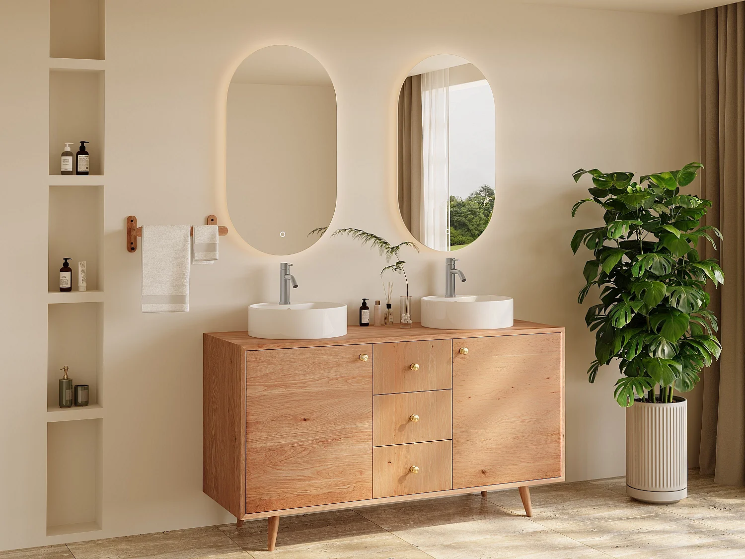 Eiken meubel met dubbele ronde opbouwwastafel en kraan – Licht natuurlijk – 145 cm – ZARENO