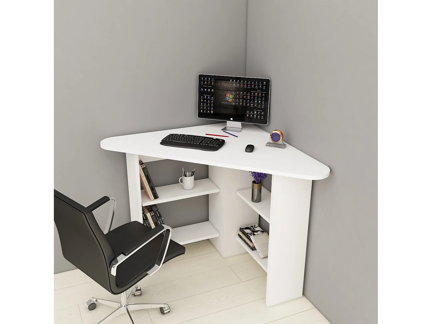Moderne witte houten hoekbureau met 4 planken – 80 x 80 x 73 cm