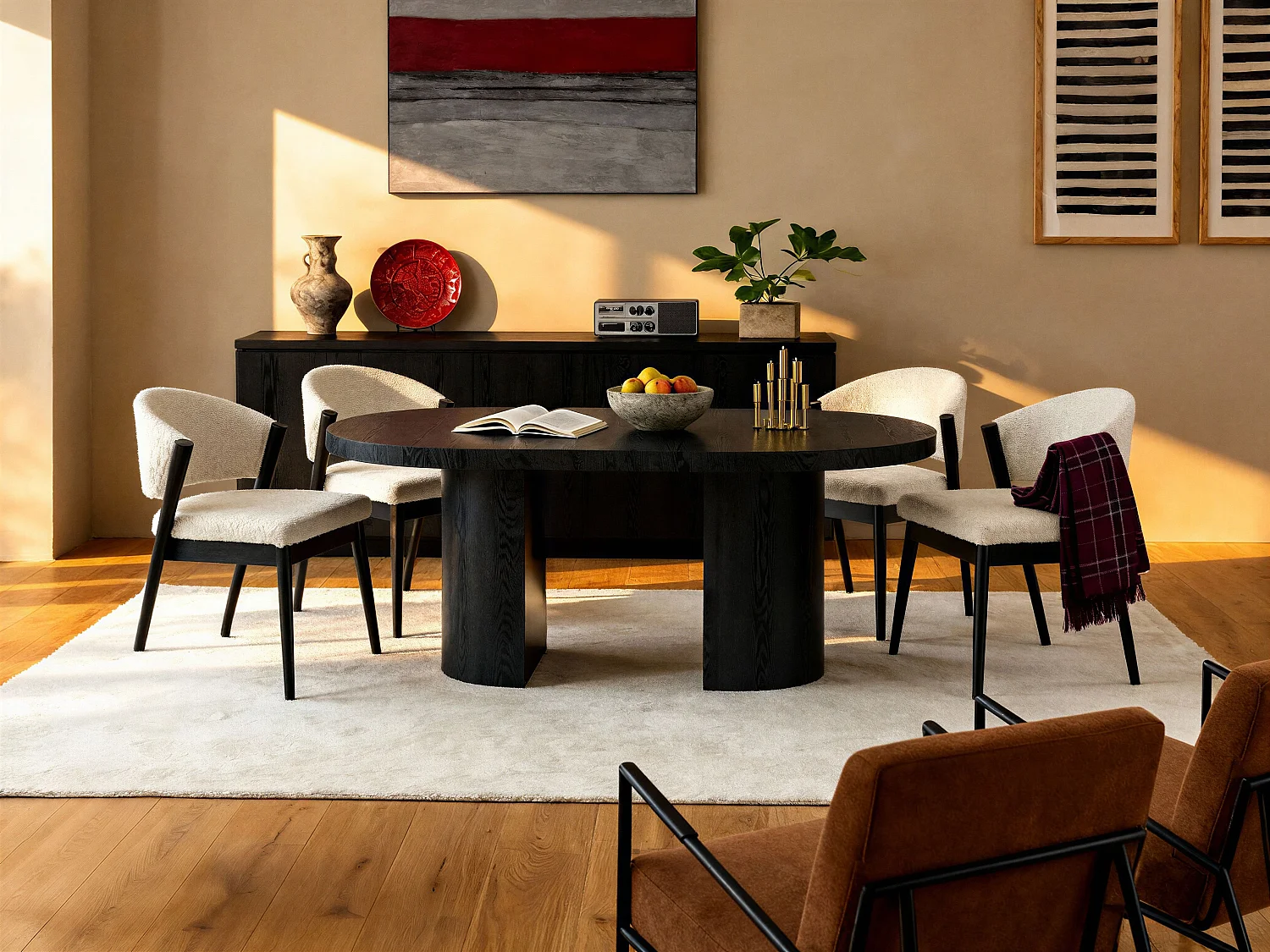 Set van 2 stoelen in bouclé-stof en zwart rubberhout – Wit – ZELVYN