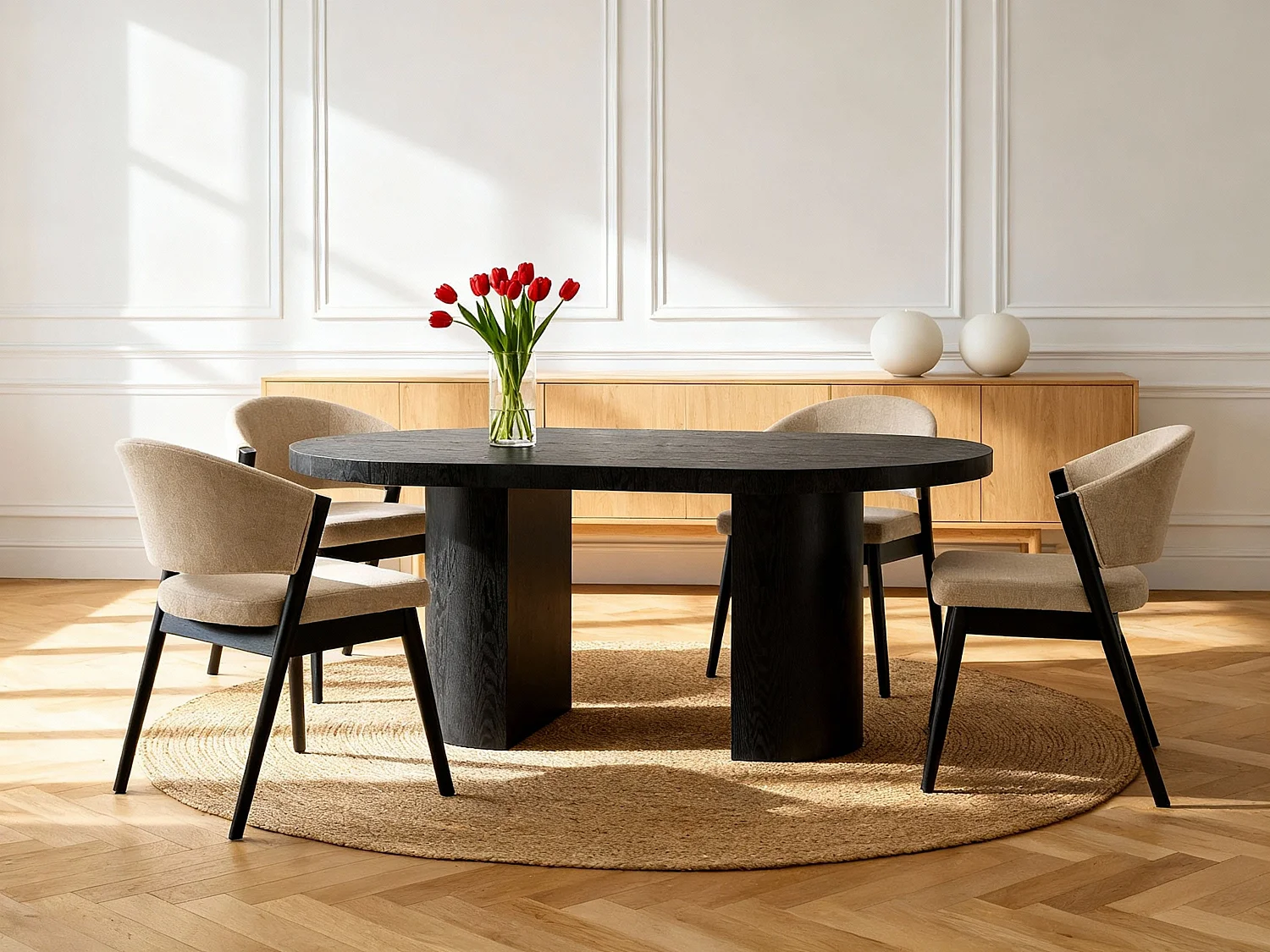 Set van 2 stoelen van stof en zwart rubberhout – Beige – ZELVYN