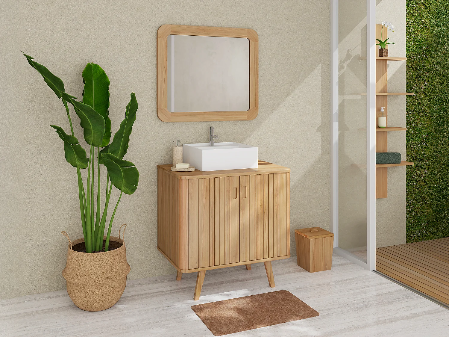 Badkamermeubel op poten van teakhout met enkele vierkante keramische wastafel – B80 cm – WAMENA