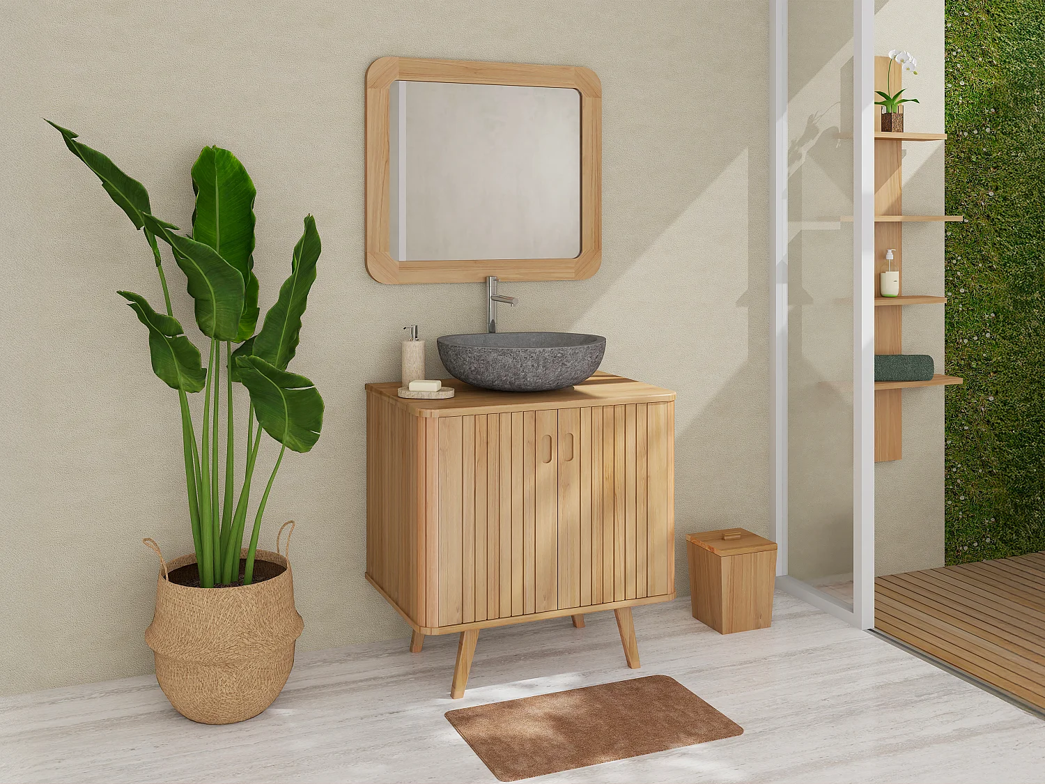 Badkamermeubel met pootjes van teakhout met enkele grijze waskom van steen – B80 cm – WAMENA