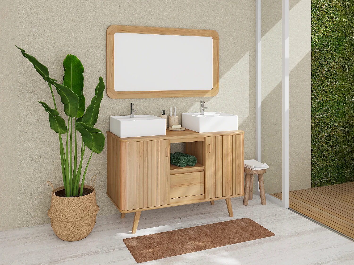 Badkamermeubel op poten van teak met vierkante keramische dubbele wasbak – B120 cm – WAMENA