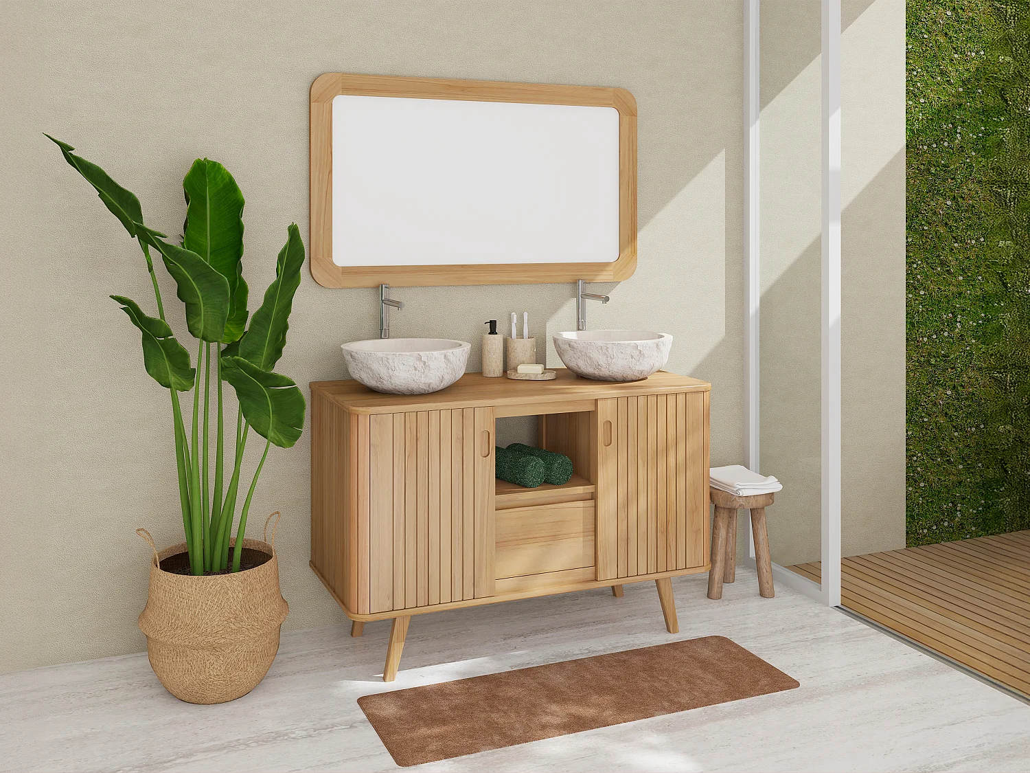 Badkamermeubel op poten van teakhout met dubbele crème wastafel van steen – B120 cm – WAMENA
