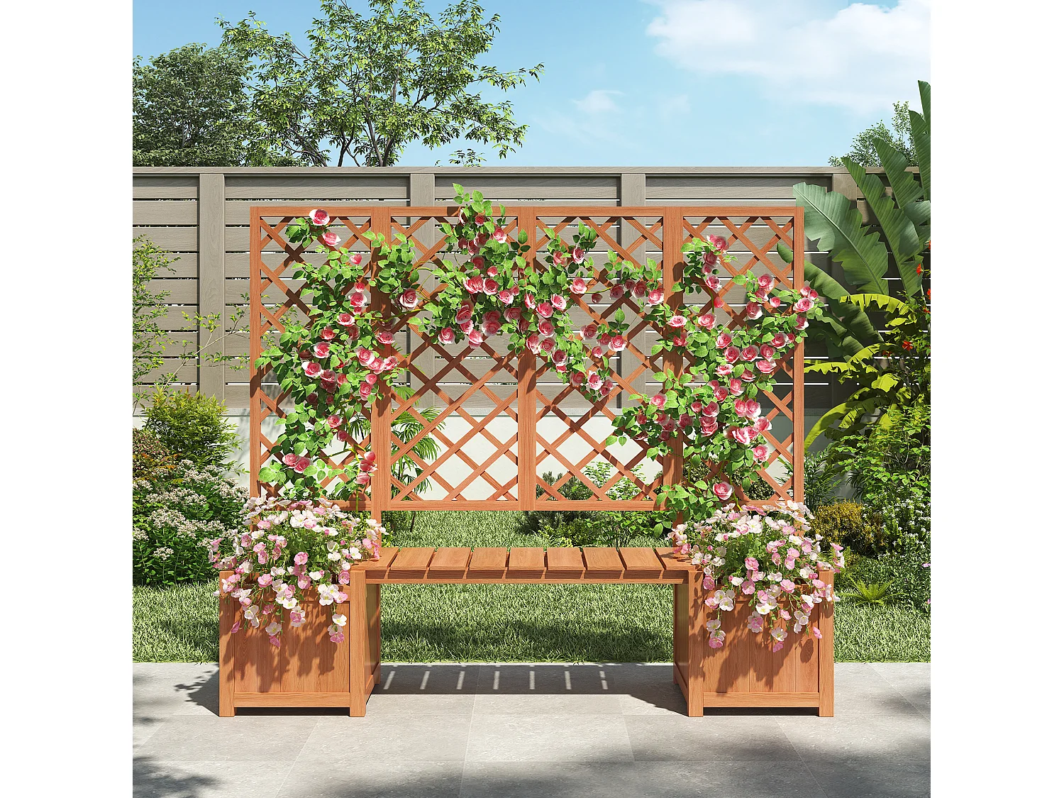 Vrijstaande plantenbak met klimrek en houten voet – Plantenbak in houtkleur
