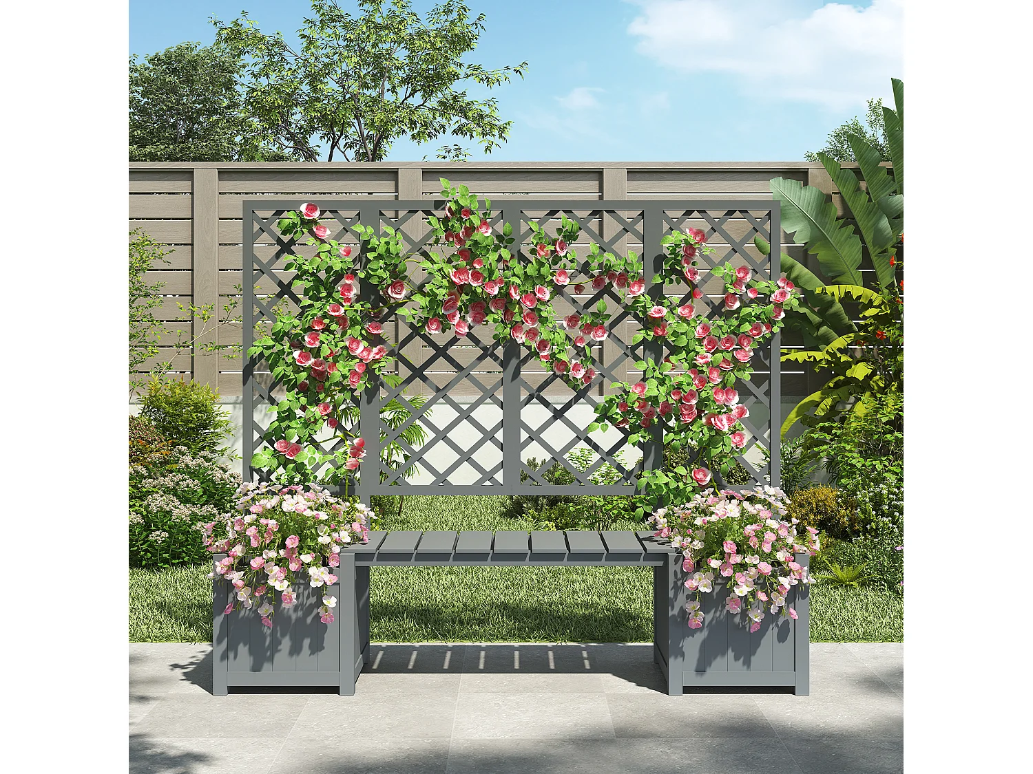 Vrijstaande plantenbak met klimrek en grijze houten zitting – Plantenbak 169x42x145 cm