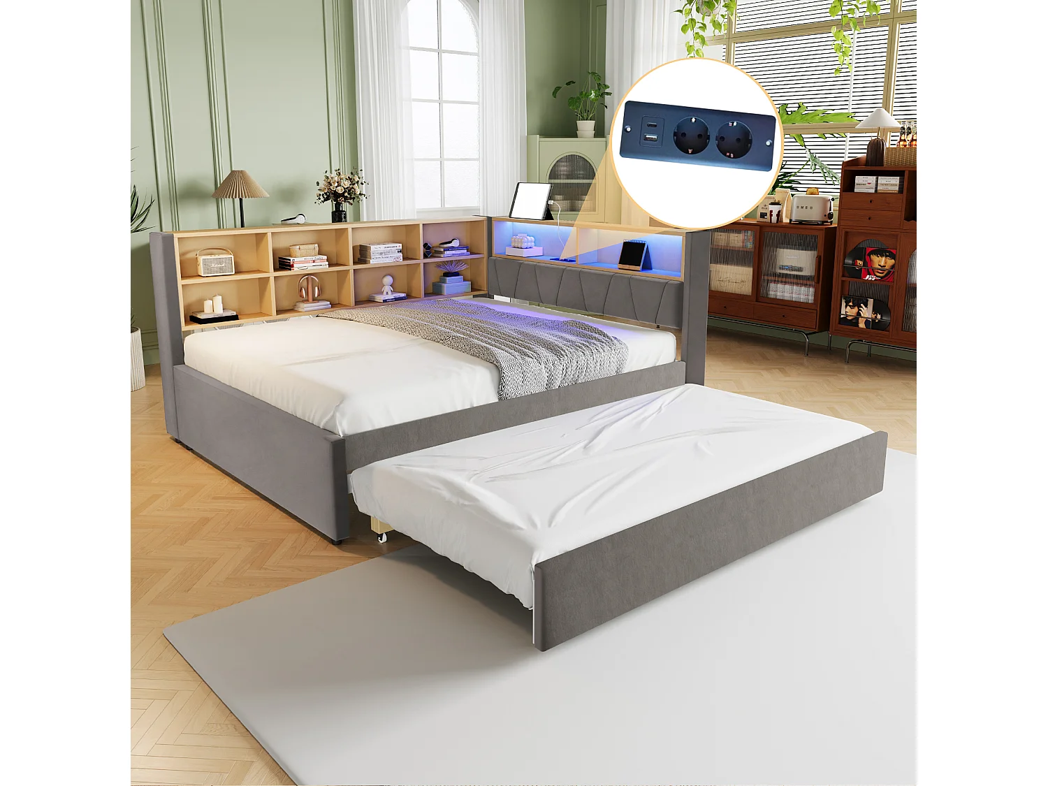 Zetelbed 140×200 cm – Logeerbed Met LED Verlichting En Opbergruimte – Flanel – Donkergrijs