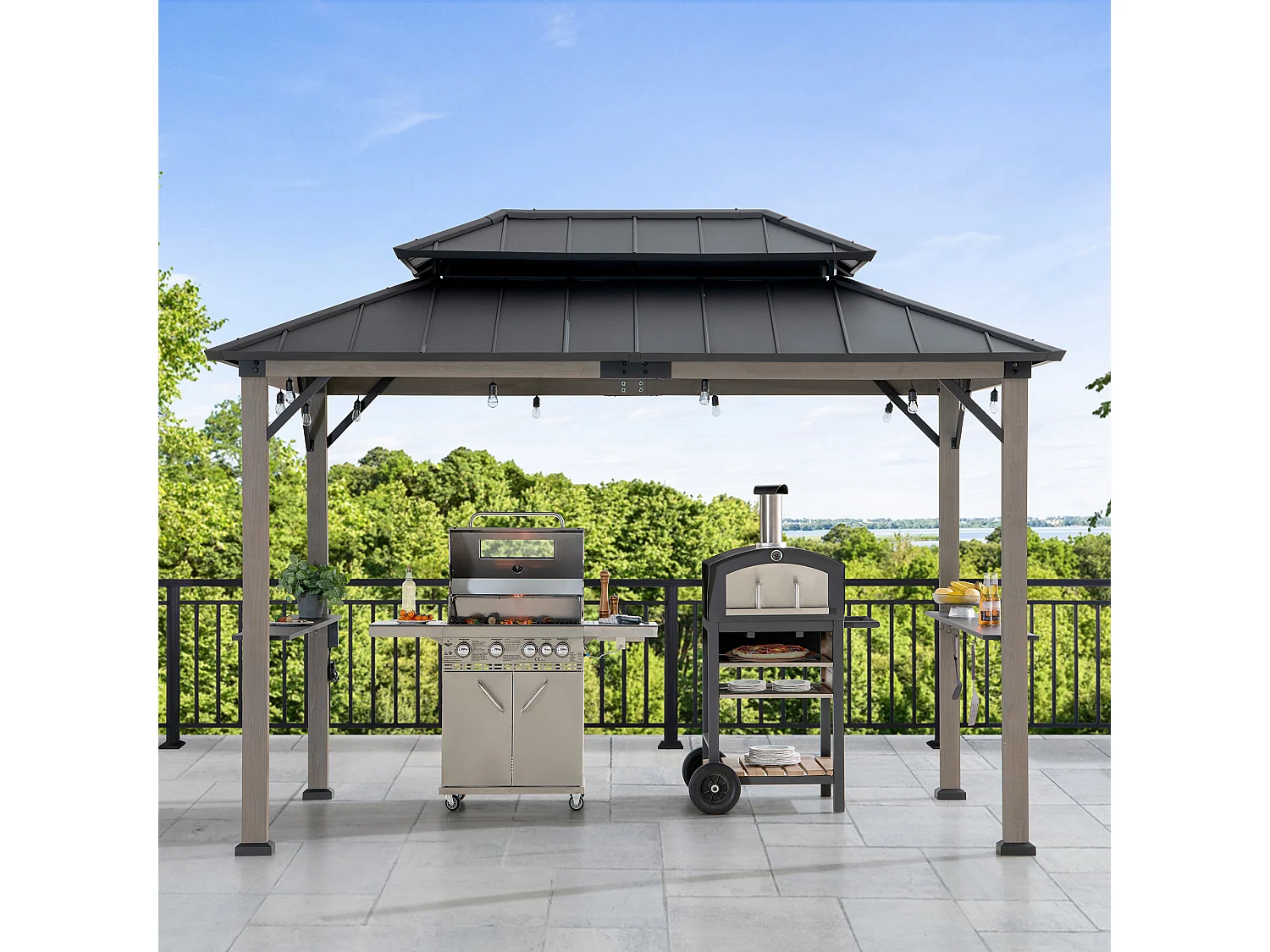ZUPO Grillpaviljoen 360 cm x 240 cm, houten frame met hard dak, inclusief stopcontacten en planken, antracietkleurig dak.
