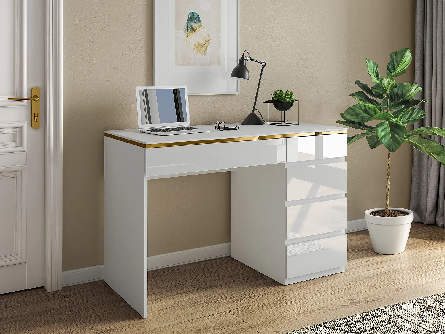 Bureau met 5 laden in hoogglans wit en gouden kleur – VUKIA