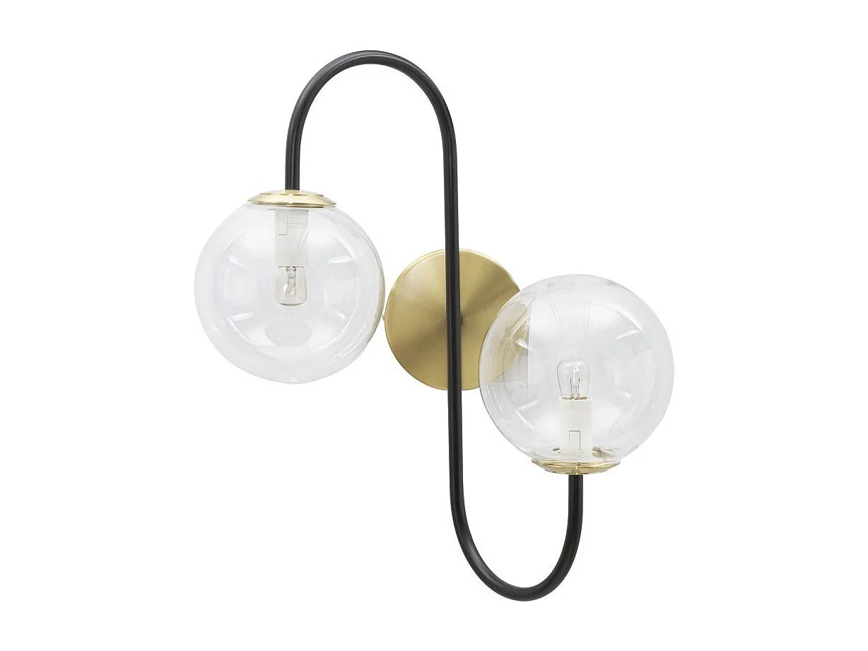 Zwarte metalen wandlamp met 2 glazen bollen, 36x24x45 cm