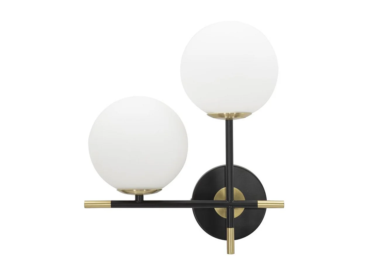 Zwarte metalen wandlamp met 2 witte glazen bollen, 30x17x35 cm