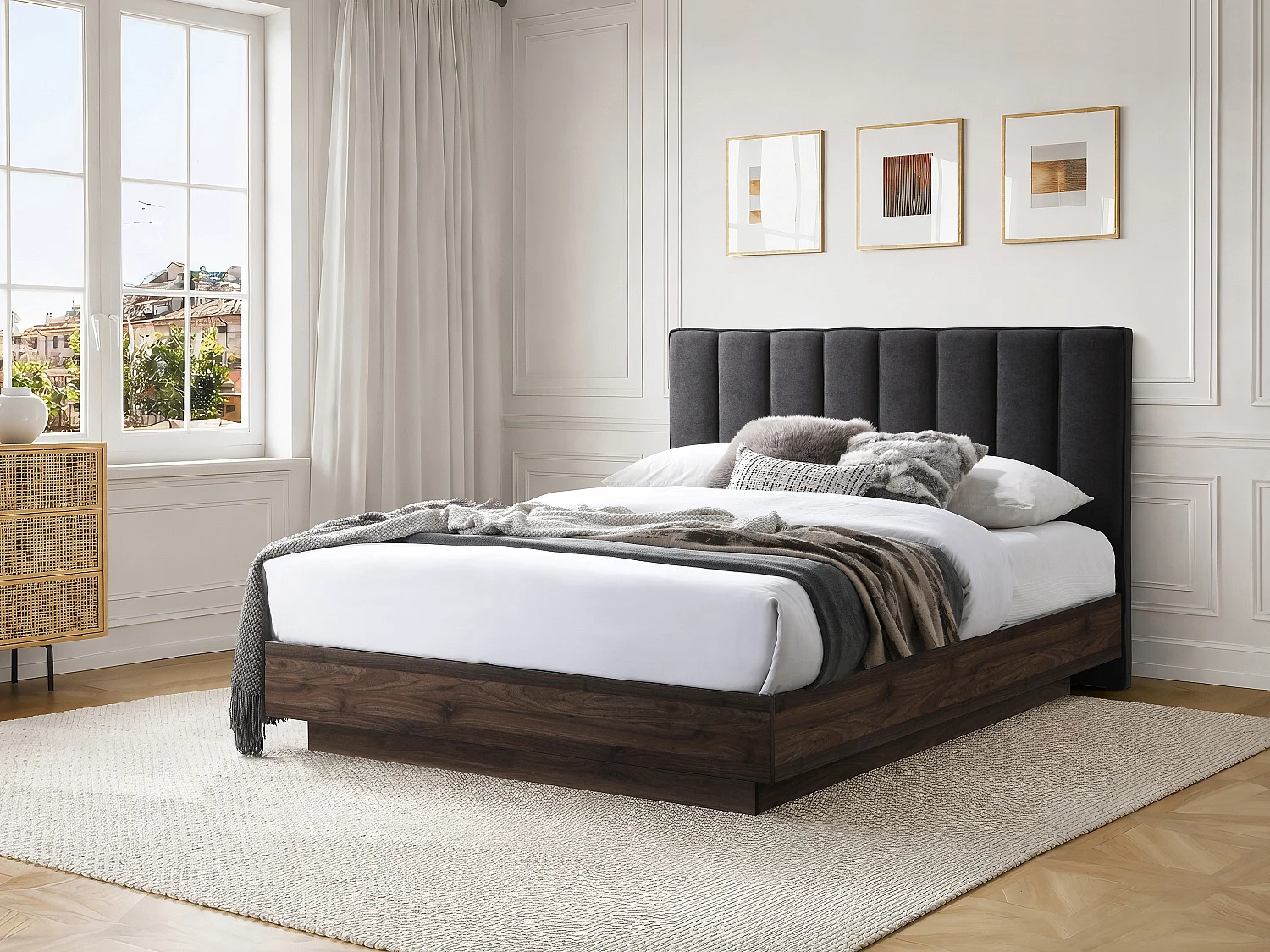 Bed 160 x 200 cm met grijs en donker naturel gestoffeerd hoofdbord + matras – VONYLA