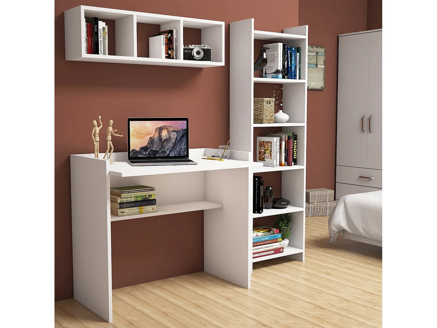 "Matilda" Houten Studiebureau met Boekenplank en Wandplank – Wit – 90 x 58 x 80 cm