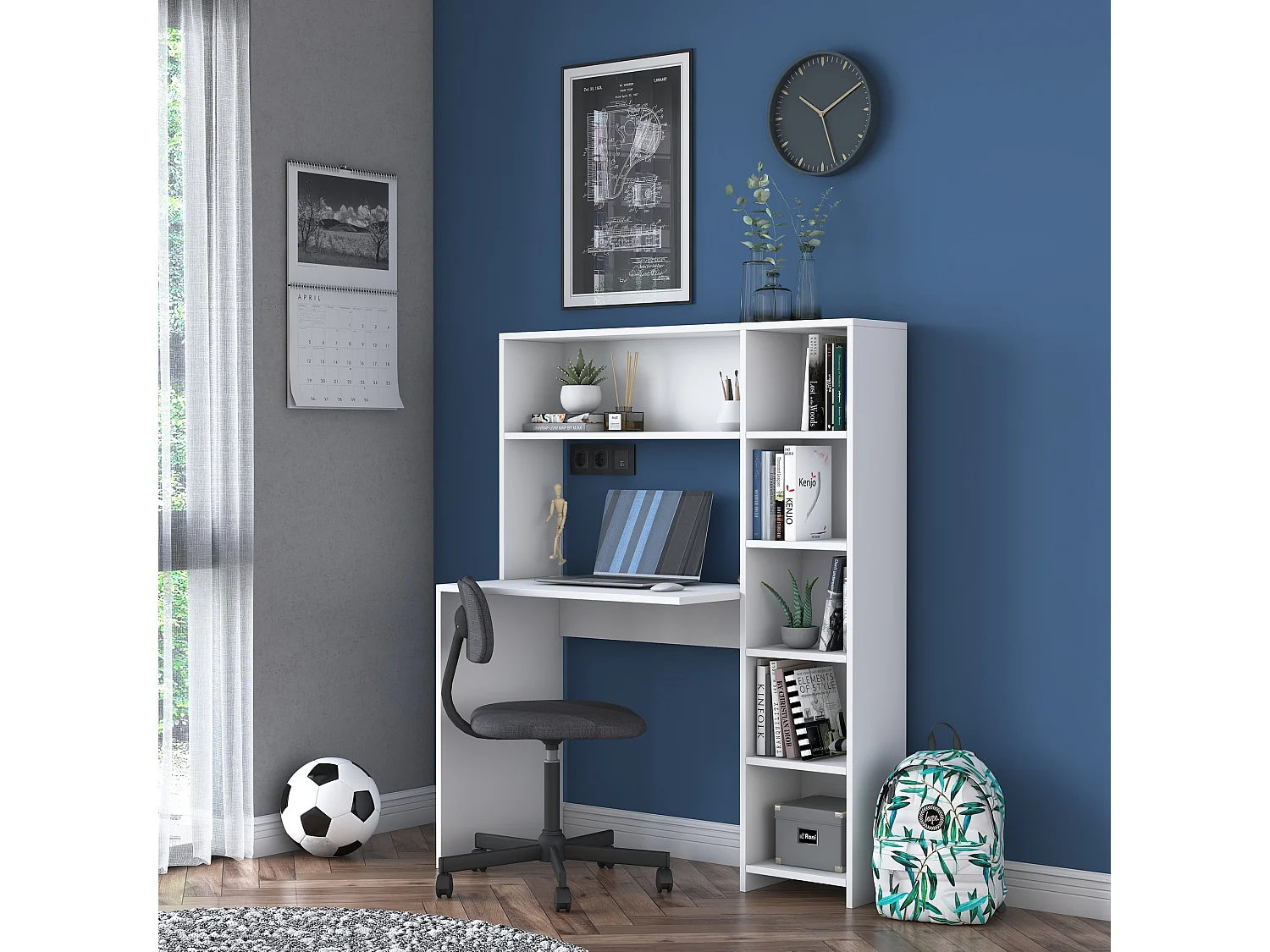 Moderne witte houten bureau "Haham" met planken – 113 x 40 x 142 cm