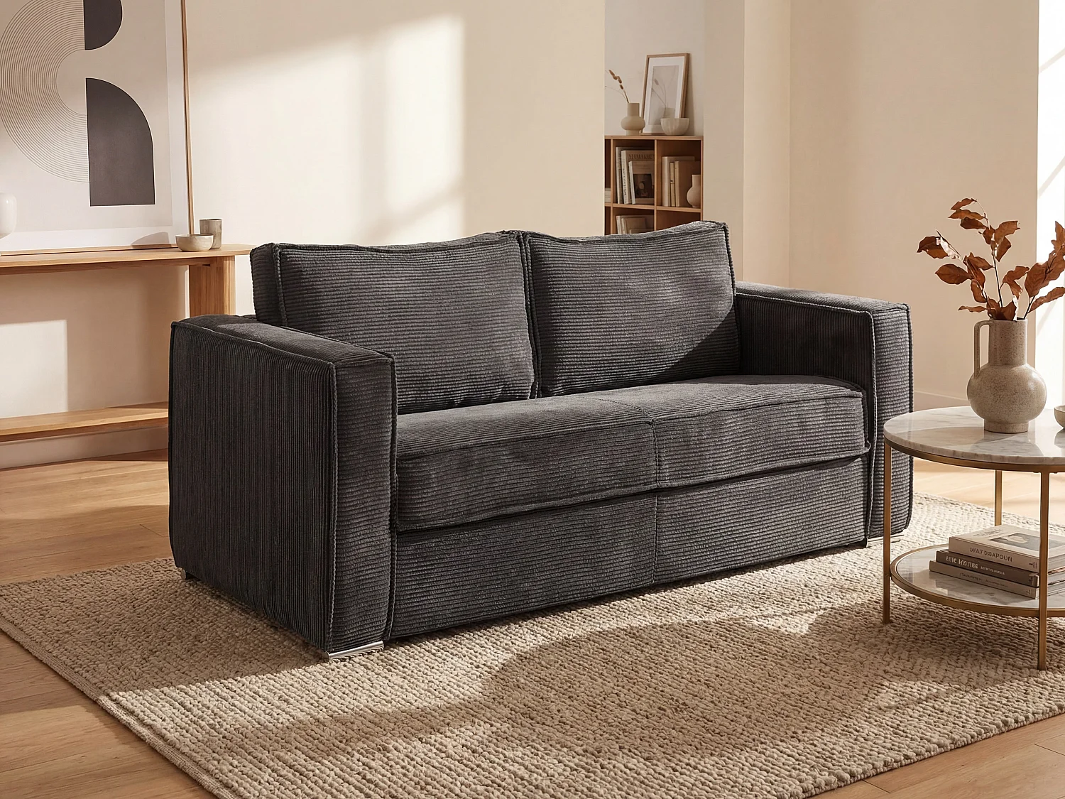 Express-driezitsslaapbank van beige ribfluweel LORETO