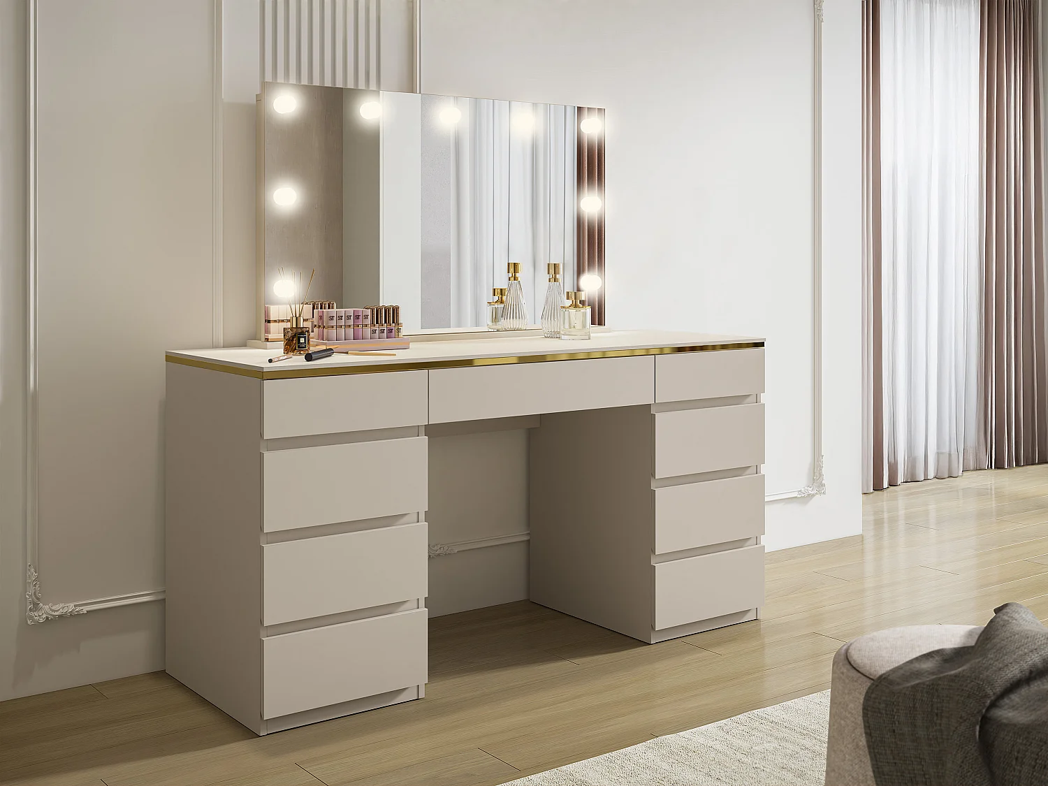 Kaptafel met LED- Spiegel 9 lades beige en goud – VUKIA