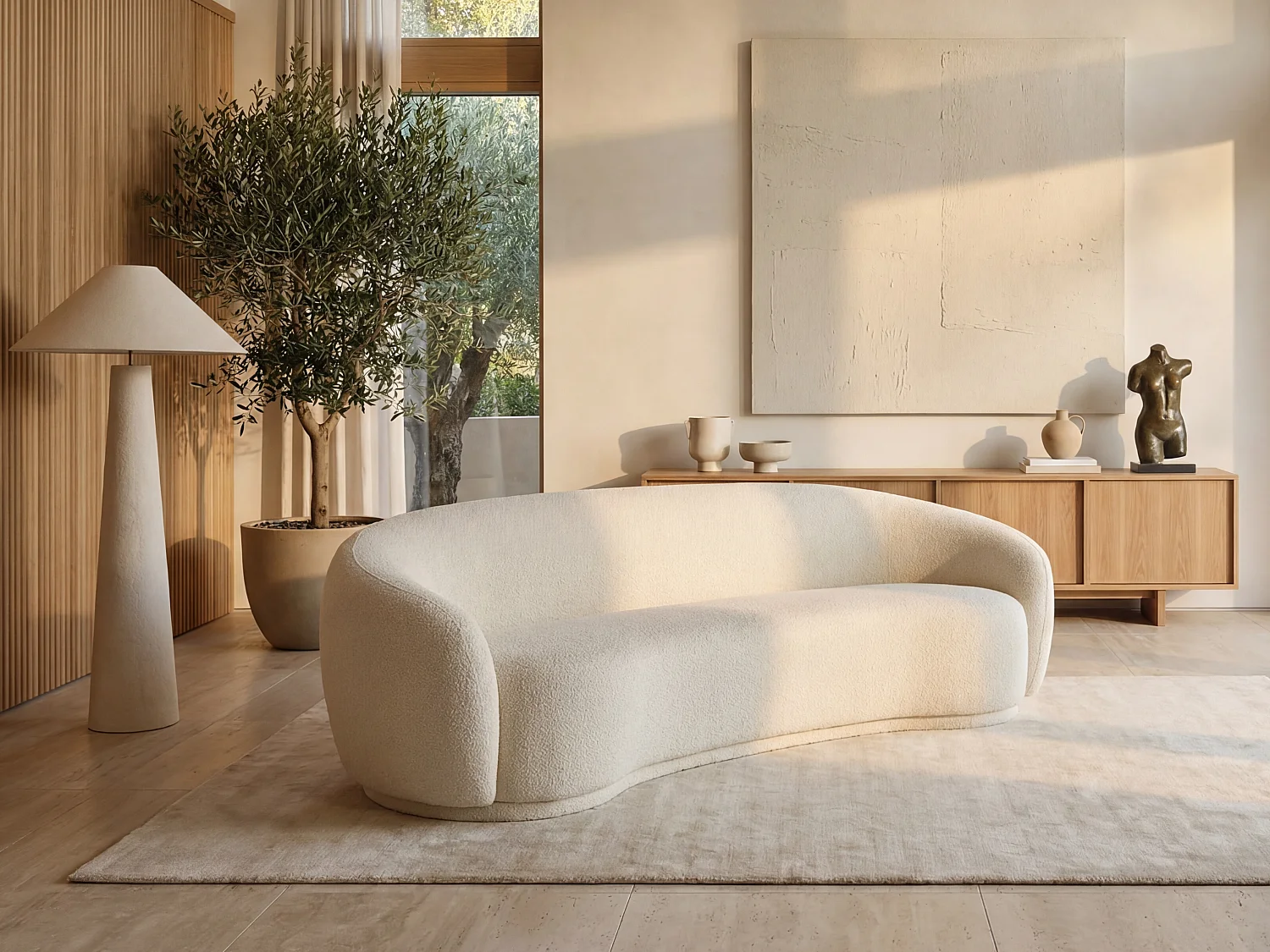 Zitbank met 3 plaatsen en bekleding in beige boucléstof – BOVANA van Pascal Morabito