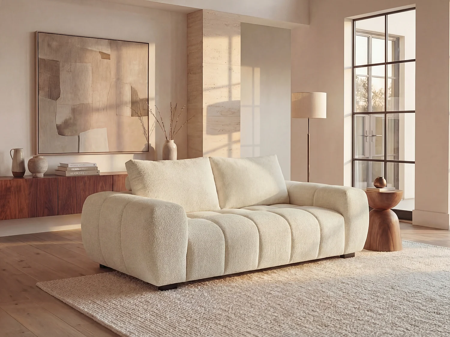 Zitbank 3 plaatsen in beige stof met gewatteerd effect en een modern design BERENIA
