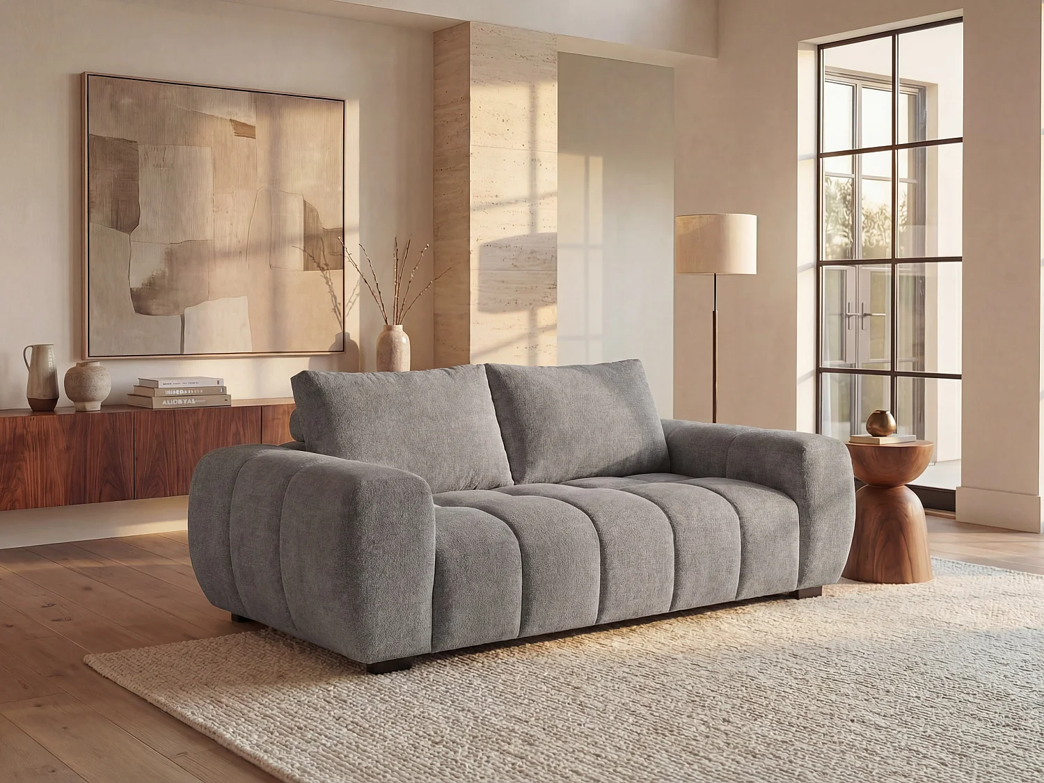 Zitbank 3 plaatsen in grijze stof met gewatteerd effect en een modern design BERENIA
