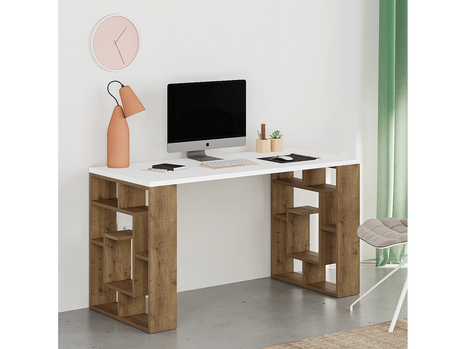 Moderne witte houten bureau "Maze" met planken – 140 x 60 x 75 cm