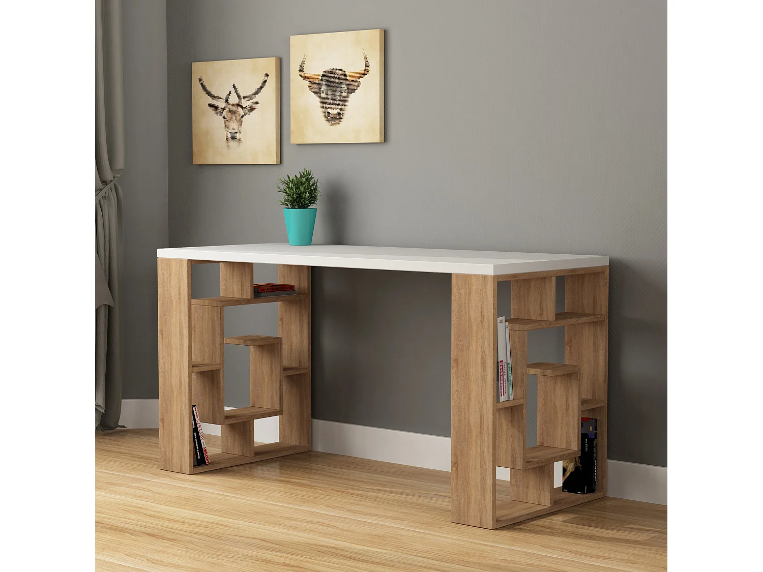 Modern wit houten bureau "Maze" met planken – 140 x 60 x 75 cm