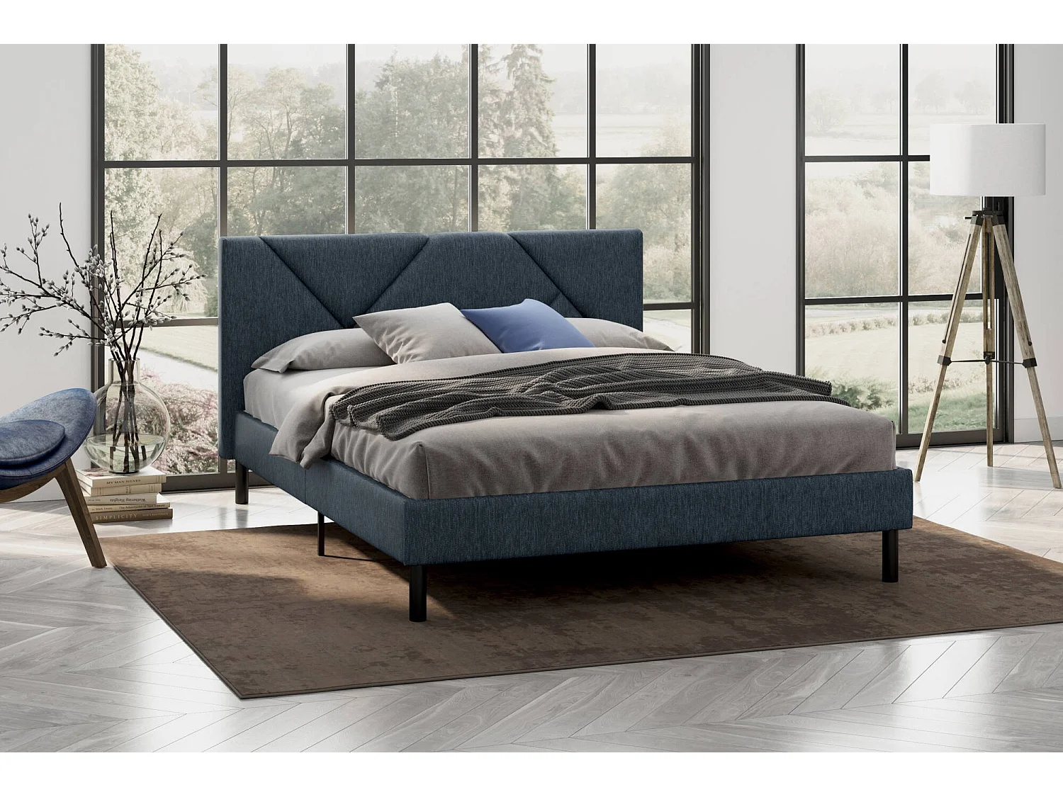 Zeffirio Queen Size Bed, Gestoffeerd Stoffen Bed met Hoofdeinde, Houten Lattenbodem, Geschikt voor 120×190 Matras, Blauw