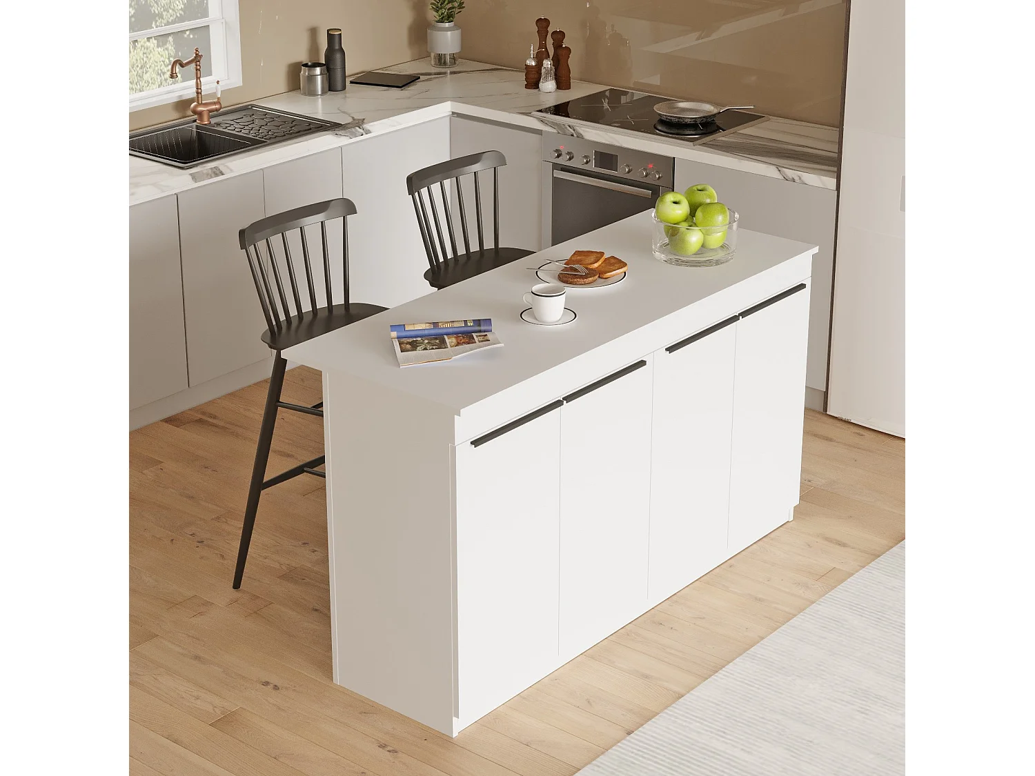 "Lark" Houten Keukentafel – Wit – 160 x 60 x 90 cm – Elegant Design – 4 Planken en 4 Deuren