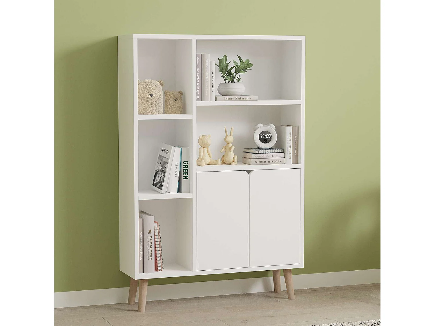 "Lumo Houten Boekenkast – Wit – Modern Ontwerp – 2 Deuren – 6 Planken – 80 x 24 x 120 cm"