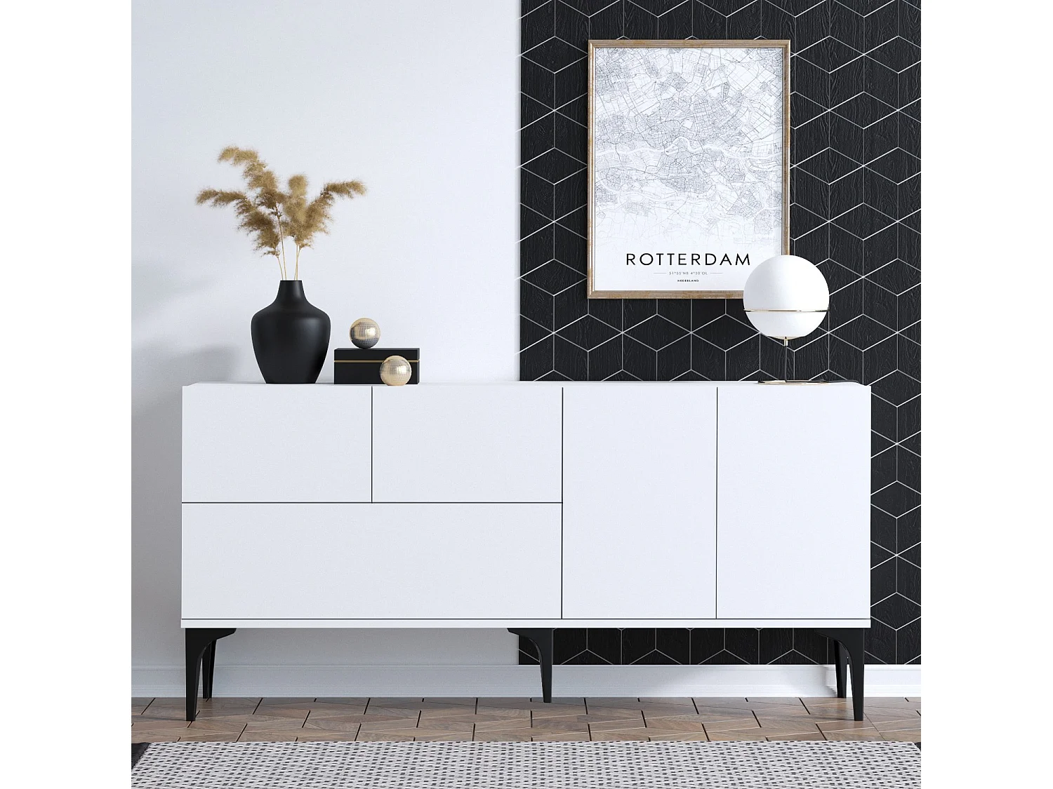 Moderne witte houten buffetkast "Ginny" – 150 x 35 x 75 cm – Elegant ontwerp met 5 deuren