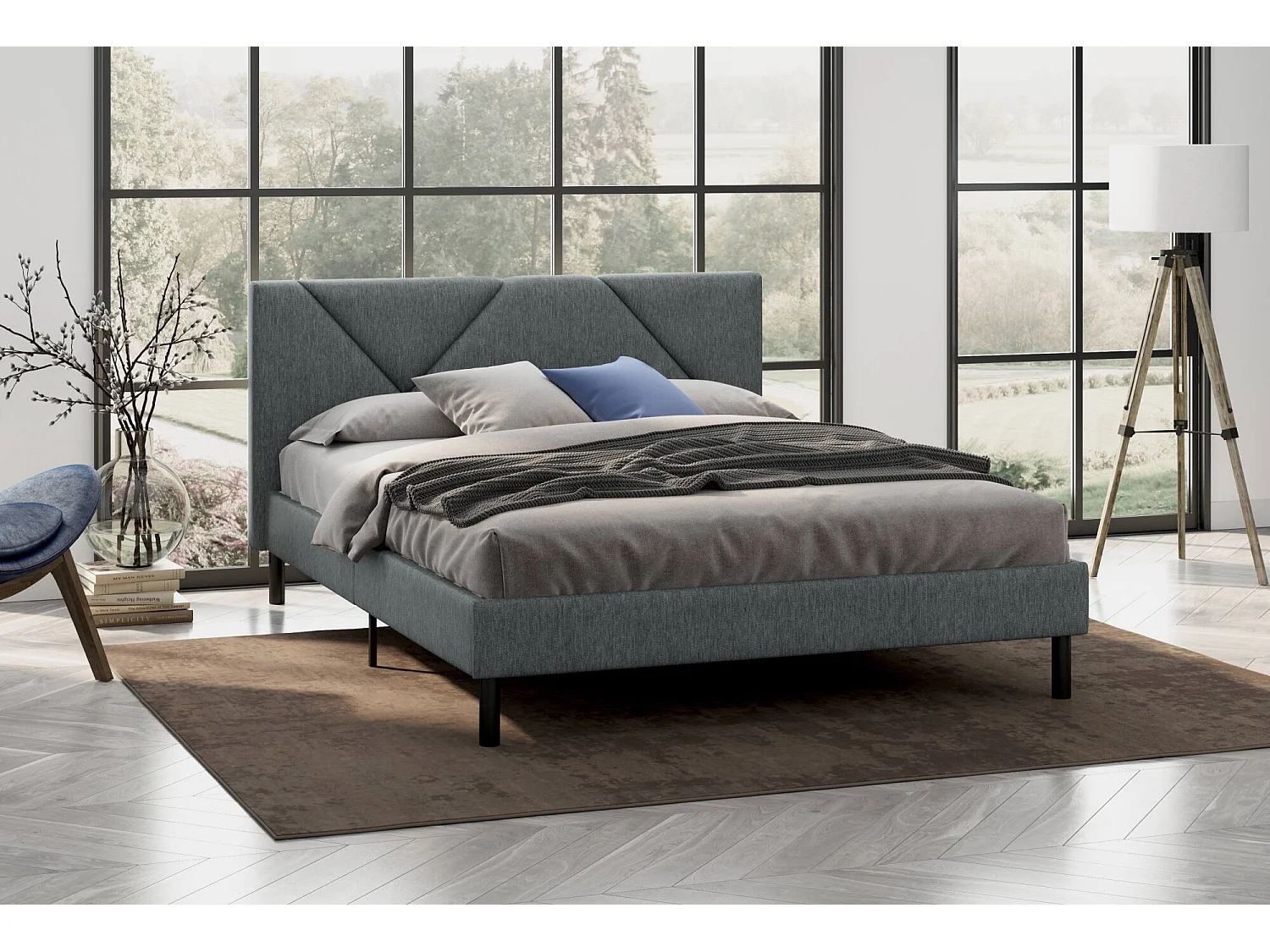 Zeffirio Queen Size Bed, Gestoffeerd Stoffen Bed met Hoofdeinde, Houten Lattenbodem, Geschikt voor 120×190 Matras, Grijs