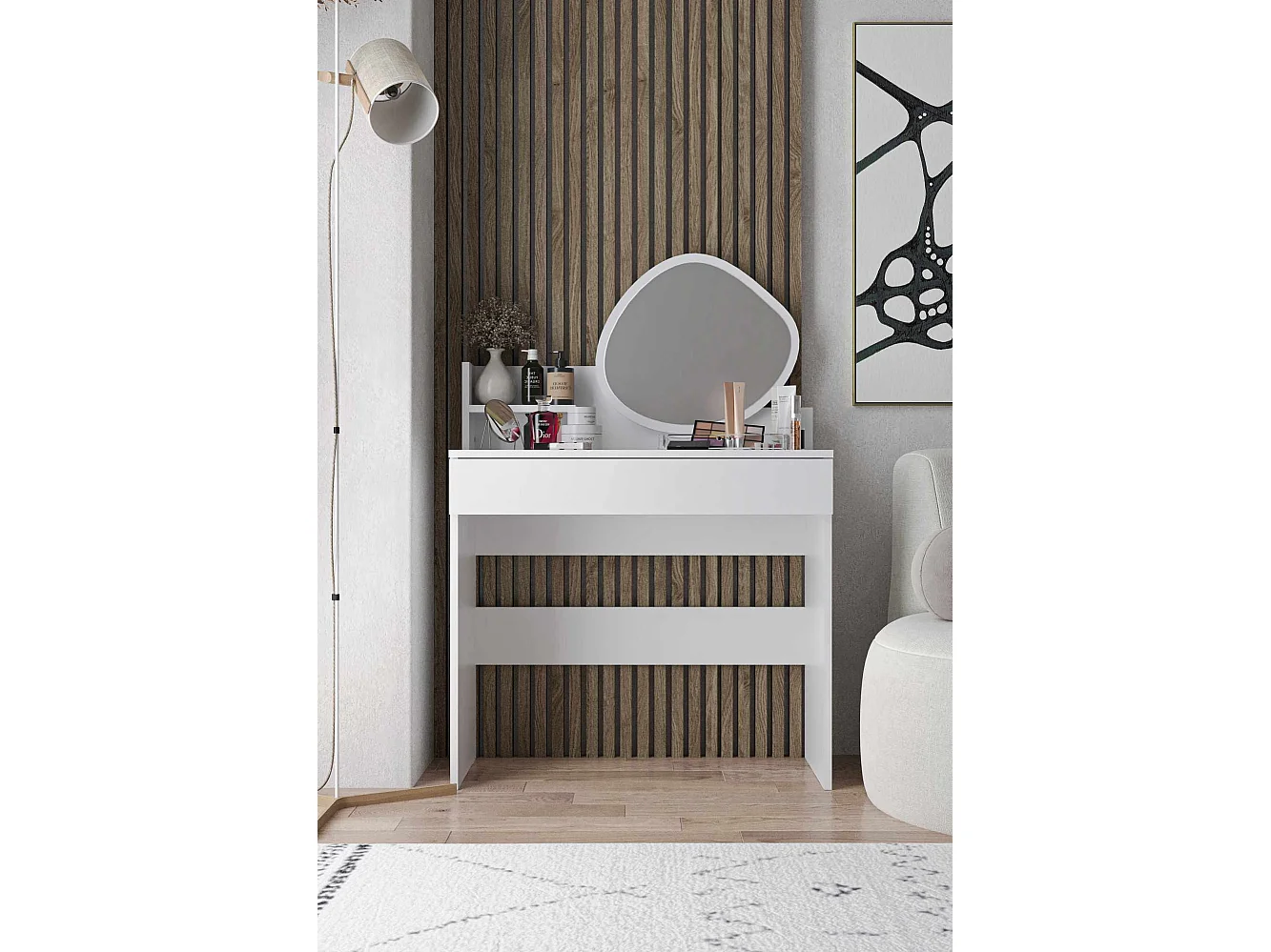 "Harmony Mini Amorfe Houten Kaptafel met Spiegel – Wit – 90 x 40 x 133 cm"
