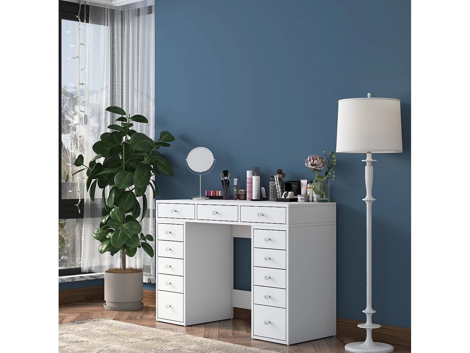 "Sena" Houten Make-up Kaptafel met 13 Laden – Wit – 120 x 44 x 82 cm