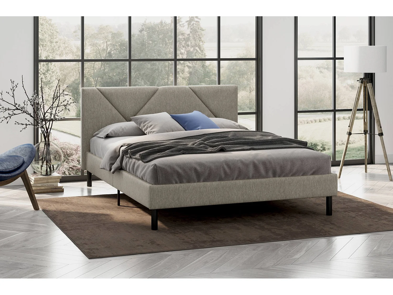 Zeffirio queensize bed, gestoffeerd stoffen bed met hoofdbord, houten lattenbodem, geschikt voor matras 120×190, duifgrijs