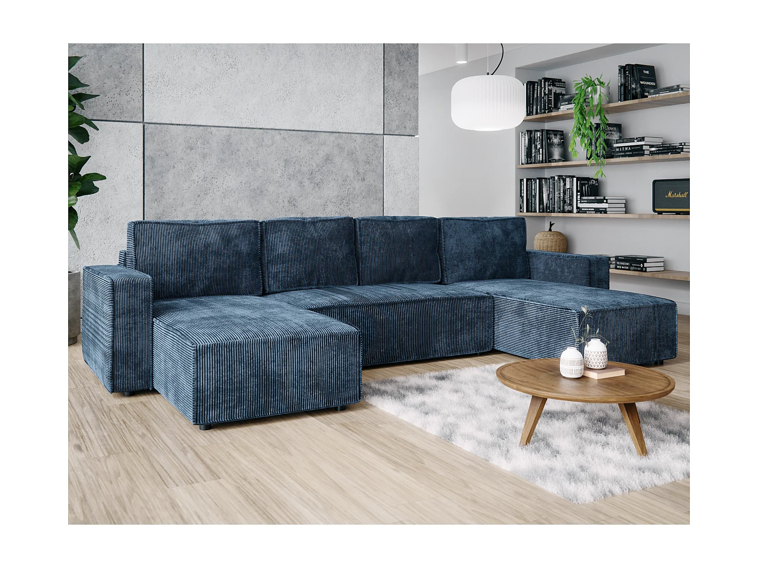 Woonlandschap U-vorm BRIK XL Corduroy Zeeblauw met slaapfunctie DL en opbergvak