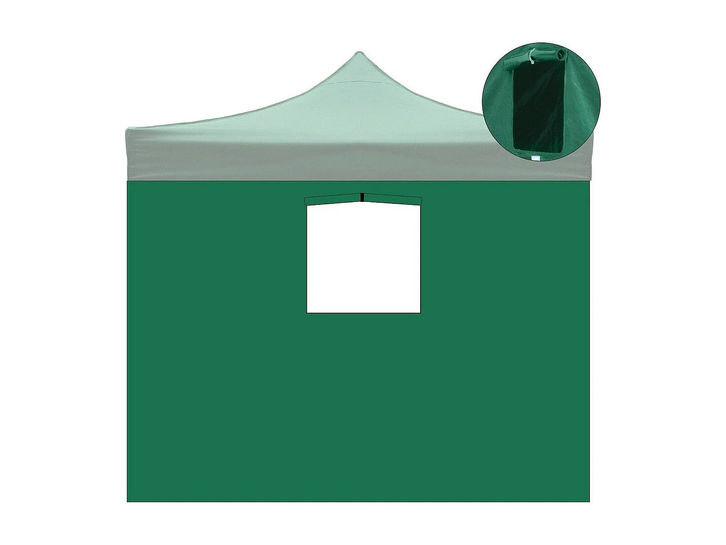 Waterdichte groene zijbekleding van 3×2 meter met raam voor een uitschuifbaar tuinpaviljoen van 3×3 meter.