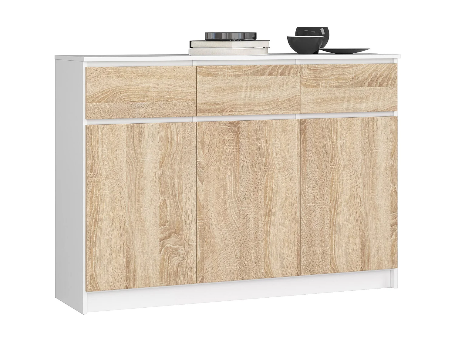 Ladekast K140 met 3 Lades en 3 Deuren / AKORD Furniture Factory / Wit – Sonoma Eik / 138 x 99 x 40 cm