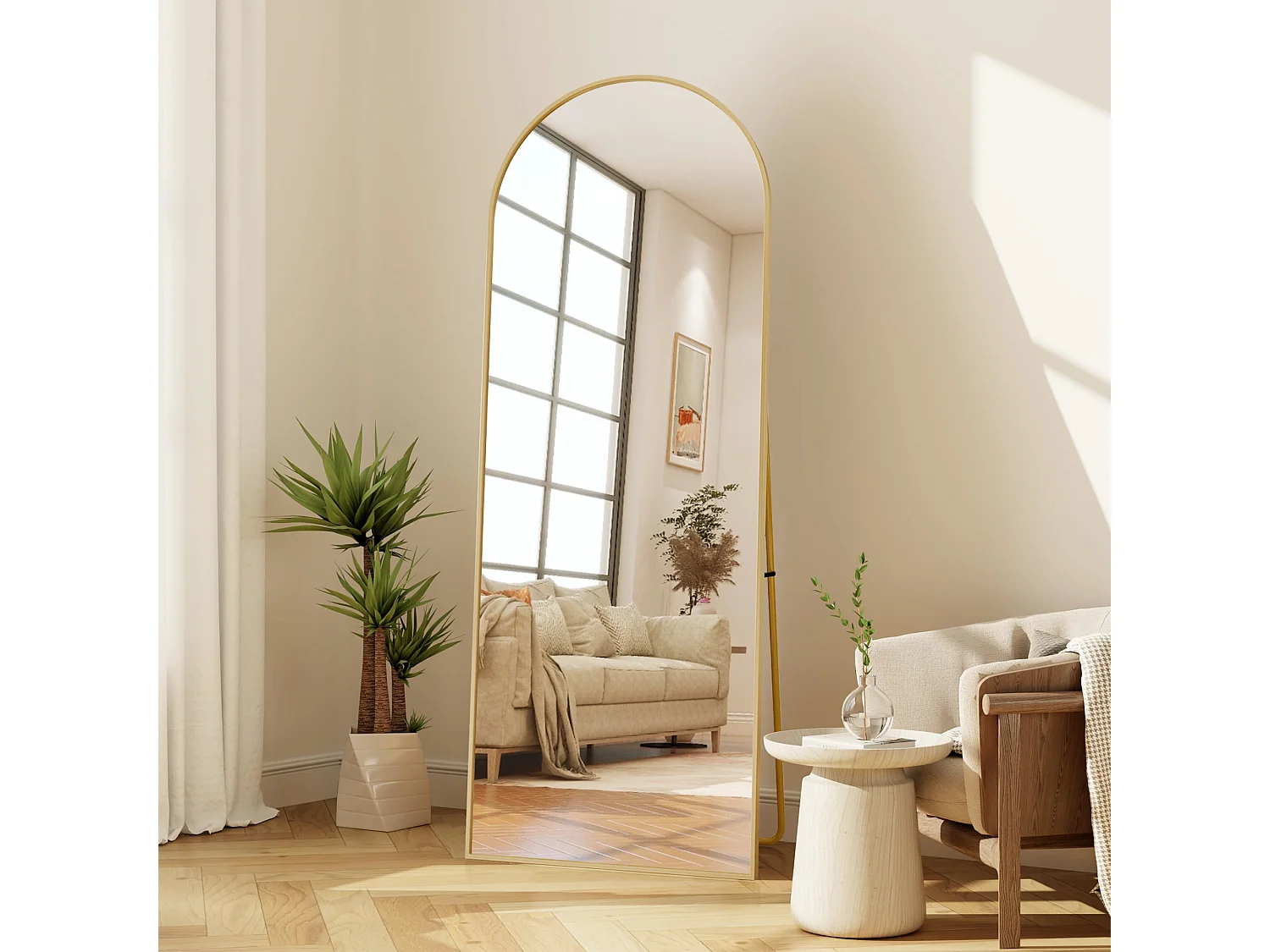 Volledige gebogen spiegel, 77 x 177 cm, wandspiegel, schuin, staande spiegel voor de woonkamer, goud